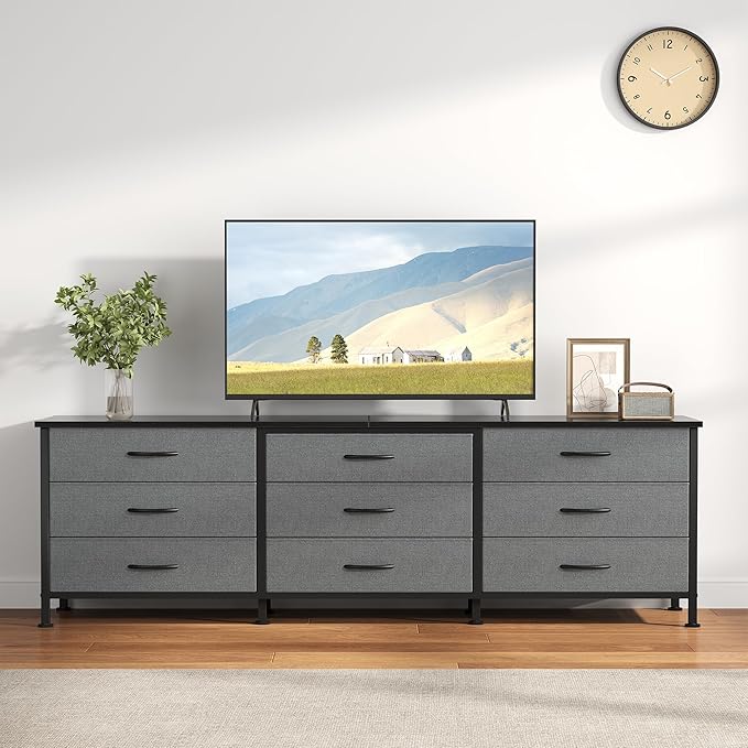 DUMOS TV Stands for Living Room Furniture with 9 Fabric Drawers, Long Entertainment Center Up to 75 Inch TV, Media Console Table with Storage for Bedroom, Adjustable Feet, Grey.