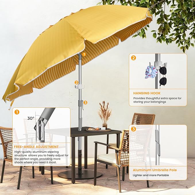 HOMEDEMO Boho Patio Umbrella with Fringe, Outdoor Tassel Umbrella with UPF50+ Sun Protection and Push Button Tilt, Premium Aluminum Pole & Fiberglass Ribs, Includes Hanging Hook