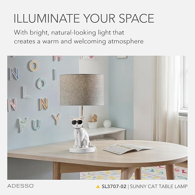 Adesso Sunny Cat Table Lamp – White Ceramic Novelty Lamp for Bedroom and Office Lighting or Living Room Décor, 18” x 10”