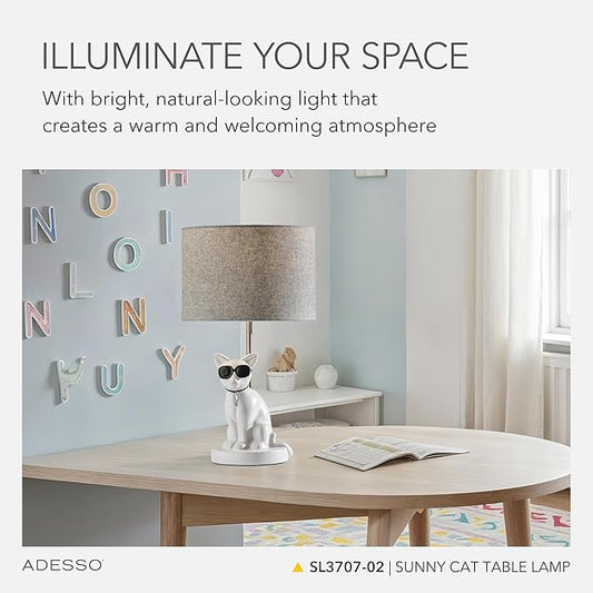 Adesso Sunny Cat Table Lamp – White Ceramic Novelty Lamp for Bedroom and Office Lighting or Living Room Décor, 18” x 10”