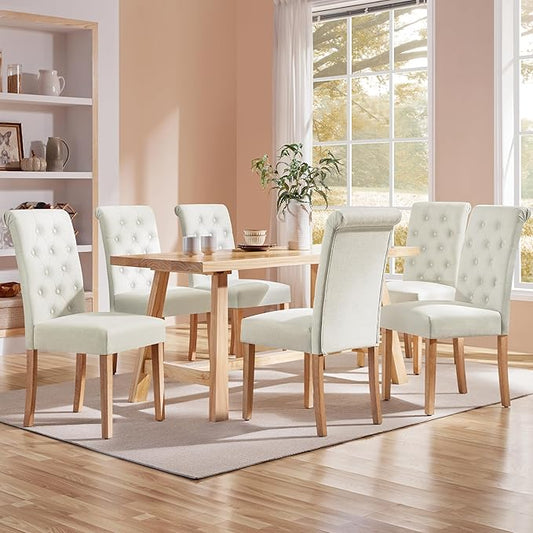 Yaheetech Dining Chairs Set of 6 Fabric Upholstered Dining Room Chairs with Button Tufted High Back and Solid Wood Legs for Kitchen/Living Room/Restaurant, Modern Style, Beige