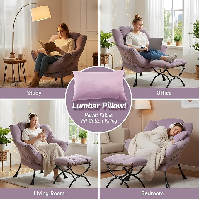 Lazy Chair with Ottoman, Modern Accent Chair with Lumbar Pillow, Velvet Light Purple Sofa, Armchairs with Folding Footrest, Oversized Supportive Chairs for Bedroom, Reading