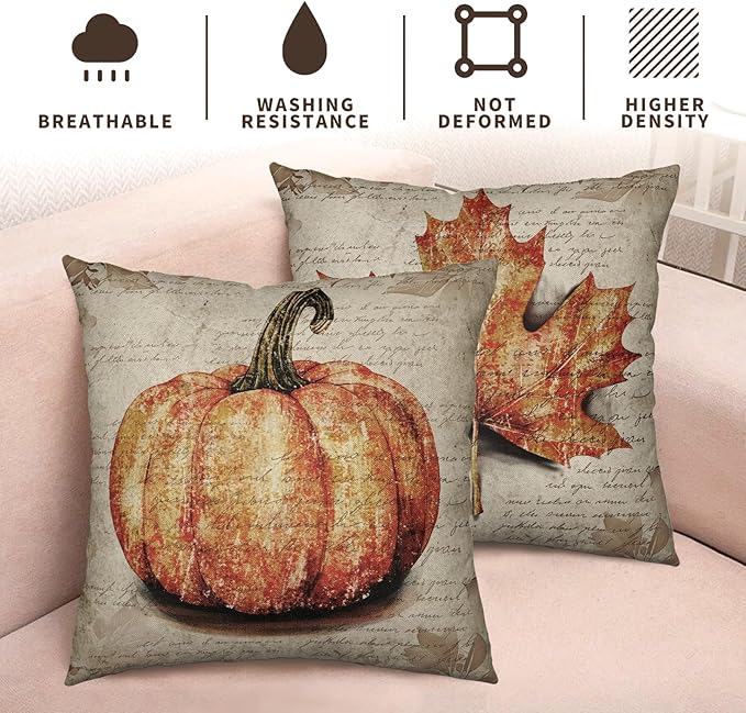 Fall Decorative Pillow Covers 24x24 Set of 2 Vintage Fall Burnt Orange Pumpkin Maple Leaf Throw Pillows Rustic Farmhouse Autumn Thanksgiving Outdoor Cushion Case for Couch Sofa