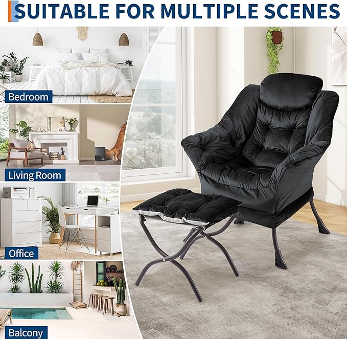 GarveeHome Lazy Chair with Ottoman, Modern Lounge Accent Chair, Leisure Sofa Armchair with Footrest, Reading Armchair with Side Pocket for Living Room, Bedroom, Dorm & Office (Black)