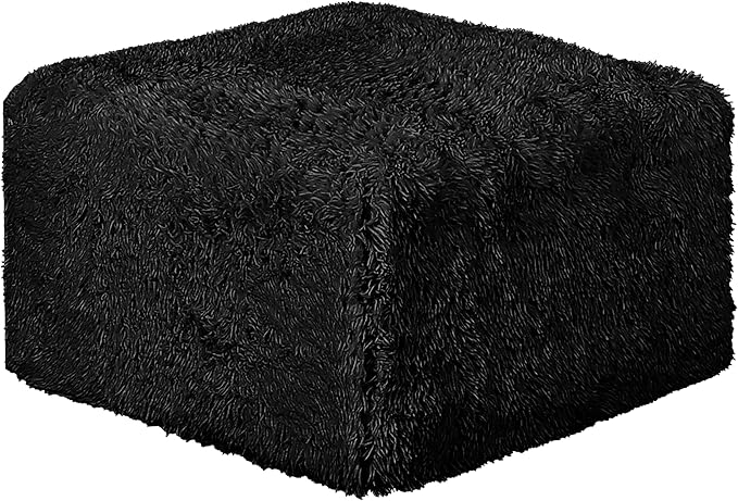 Furniture of America Havyn Modern Faux Fur 1-Seater Square Modular Foam Ottoman, Compressed Couch in a Box, No Assembly Required, for Living Room and Office, Black