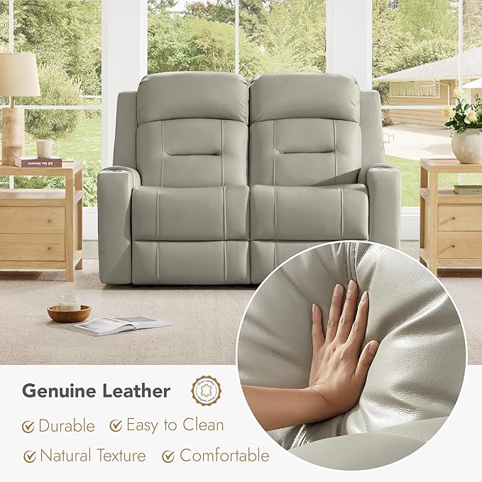 Watson & Whitely Genuine Leather Power Loveseat Recliner Sofa, Lay Flat Loveseat Reclining Sofa with Power Headrest, Cup Holders, USB & Type-C Ports, Dual Recliners for Living Room, Grey