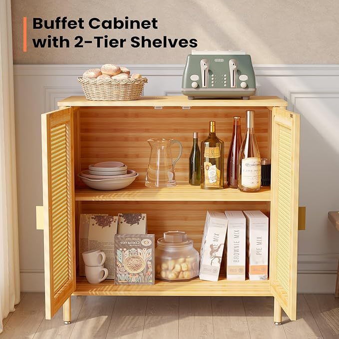 Pellebant Boho Buffet Cabinet with Storage, Bamboo Sideboard Cabinet with Rattan Decorated Doors and Shelves, Kitchen Pantry Cabinet for Hallway, Entryway, Living Room, Natural