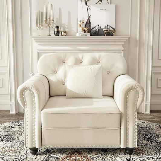 KEIKI 41" Velvet Chesterfield Sofa with Rolled Arms & Nailhead Trim, Modern Upholstered 1-Seater Button Tufted Couch with High Resilience Cushion & 1 Pillow, Easy Assembly, for Living Room, White