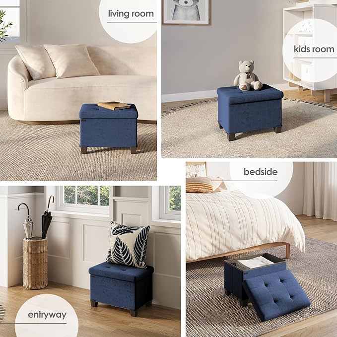 Storage Ottoman Cube with Small Bin, 16-in Square Ottoman with Storage for Living Room and Bedroom, Small Ottomans Foot Rest, Velvet Foot Stools Ottomans Max 330lbs, Blue