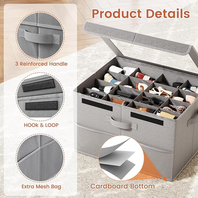 PHINOX Shoe Organizer for Closet, Fits up to 16 Pairs, Shoe Storage Bins with Clear Cover and Reinforced Handles, Foldable Shoe Storage Organizer, Space Saving Shoe Holder for Wardrobe, 2 Pack Grey