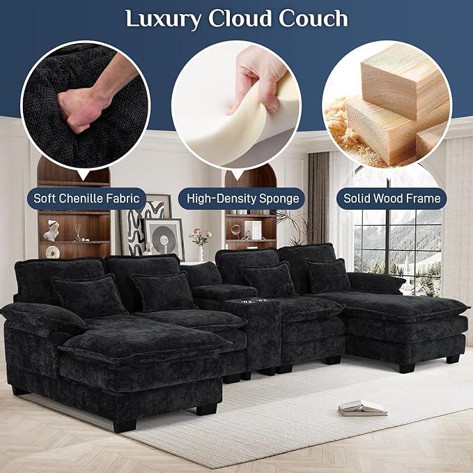 133" Oversized U Shaped Cloud Couch Modular Sectional Couches for Living Room Comfy Chenille Deep Seat Sofa Set with Double Chaise Lounge, Storage Central Console, Cup Holders, USB Port, Dark Black
