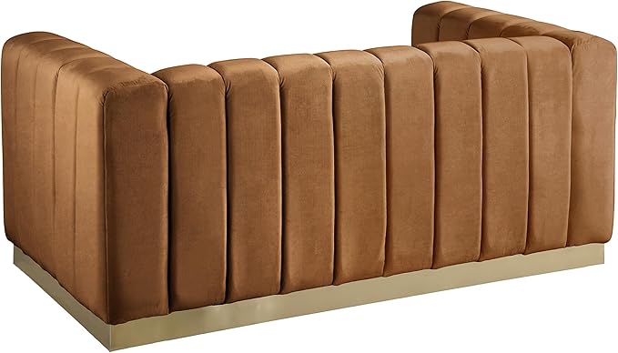 Meridian Furniture 603Saddle-L Marlon Collection Modern | Contemporary Velvet Upholstered Loveseat with Deep Channlel Tufting and Brushed Gold Finish, Saddle, 62.5" W x 34" D x 28" H