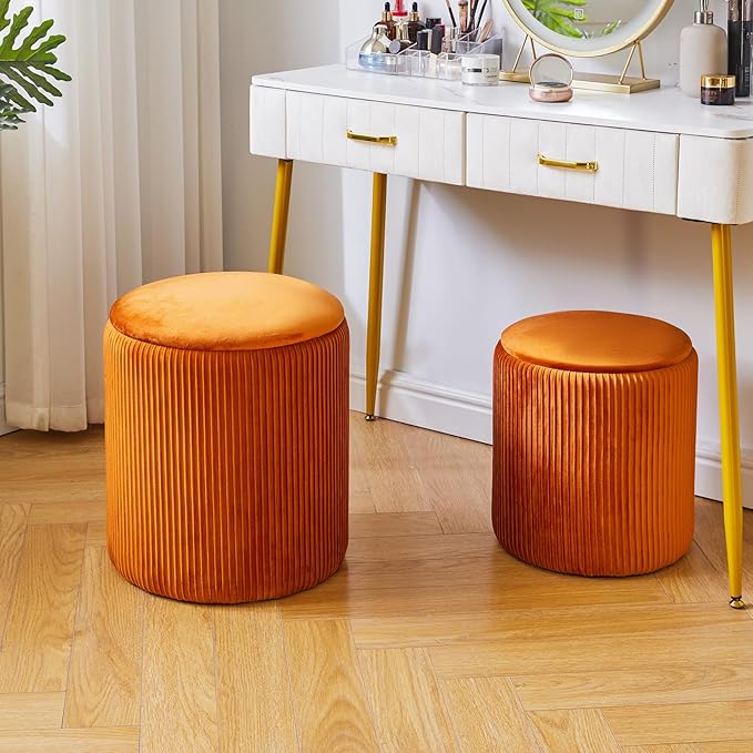 IBUYKE Round Ottoman with Storage Set of 2 Boucle Ottoman End Table for Living Room Vanity Stool Velvet Footrest Stool Bar Stool UWBD005J