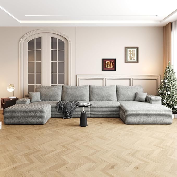 135" U Shaped Boneless Couch with Ottoman, Convertible Sleeper Compression Sofa, Corduroy Couch Sectional for Living Room Bedroom, Deep Seat Foam Cloud Sofas No Assembly, Right Facing Chaise, Grey