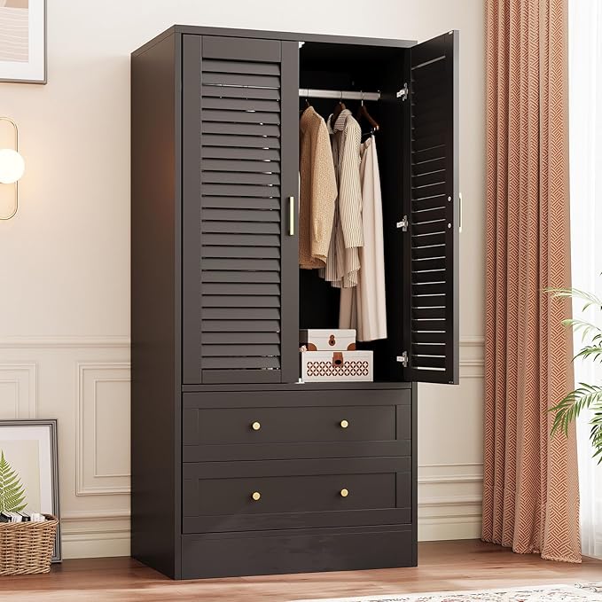 65" Louvered Armoire Wardrobe Closet, Wood Clothing Storage Cabinets with 2 Doors and 2 Drawers, Wooden Wardrobe Closet with Hanging Rod for Bedroom, Cloak Room, Laundry Room, Entrance Hall, Black