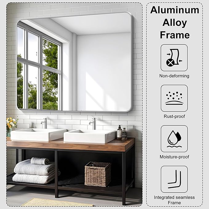 KOCUUY Silver Bathroom Mirror, 40x48 Inch Large Bathroom Mirror for Over Sink, HD Tempered Glass, Anti-Rust Brushed Silver Frame, Rounded Corner Modern Design for Bathroom, Hang Horizontal/Vertical
