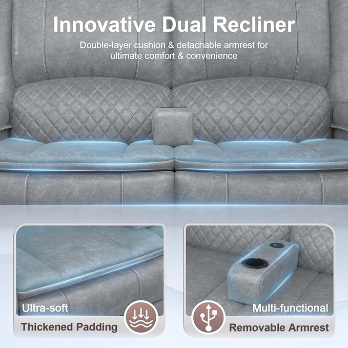 Yolsali Power Reclining Loveseat with Remote Control, Zero Wall Hugger RV Loveseat Recliner Sofa for Living Room with Removable Armrest, 2-Tier Cushions, Hidden Storage & USB Ports, PU Leather Grey