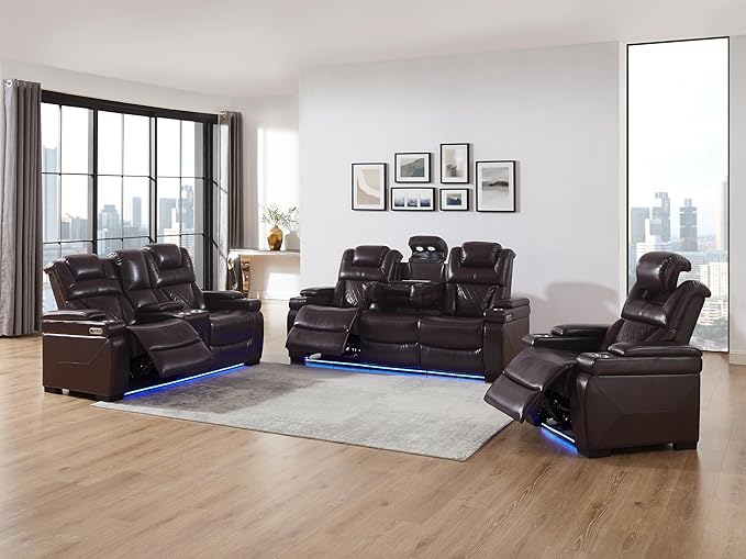 THSUPER Power Breathable Leather Reclining Sofa Set with 7-Color LED Light, Living Room Recliner Couch with Adjustable Headrest/Reading Light/USB Port/Wireless Charing/Bluetooth Speaker, Brown