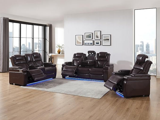 THSUPER Power Breathable Leather Reclining Sofa Set with 7-Color LED Light, Living Room Recliner Couch with Adjustable Headrest/Reading Light/USB Port/Wireless Charing/Bluetooth Speaker, Brown
