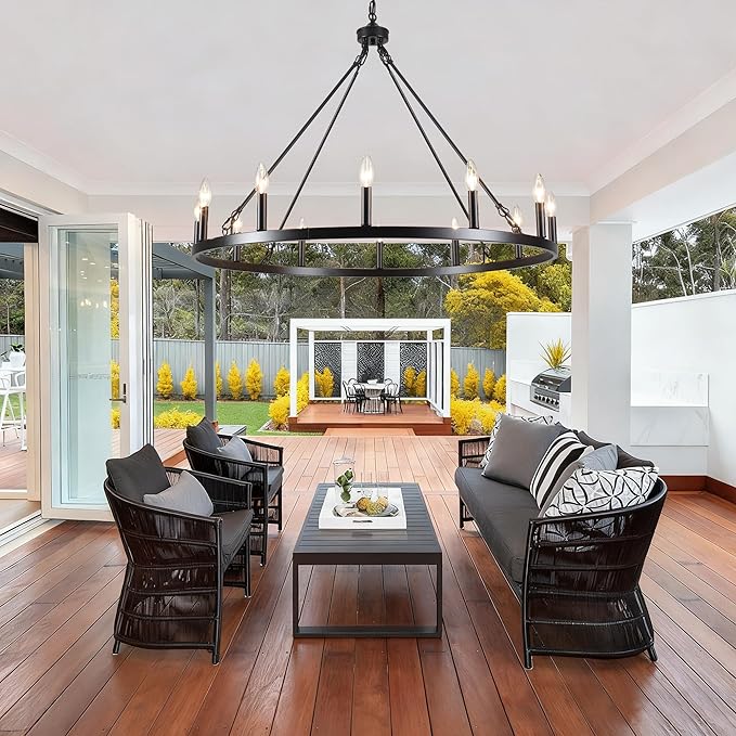 Black Wagon Wheel Chandelier 38 inch,12-Light Farmhouse Wagon Wheel Chandeliers Round Industrial Ceiling Rustic Country Light fixtures for Outdoor Porch high Ceilings Living Dining Room Foyer Entryway