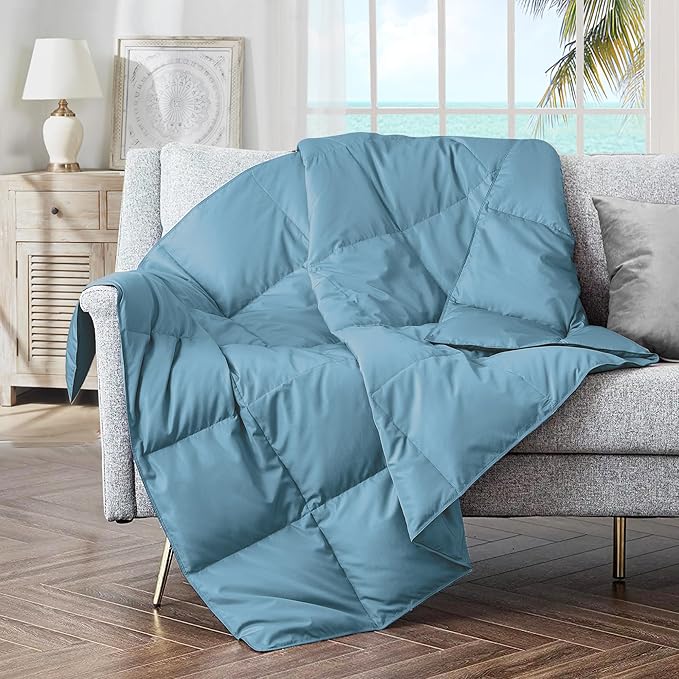 puredown® Soft Feather Down Throw Blanket Lightweight Packable Couch Throw for Indoor and Outdoor Use, Throw 50"X70", Blue, 12oz