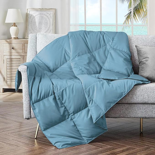 puredown® Soft Feather Down Throw Blanket Lightweight Packable Couch Throw for Indoor and Outdoor Use, Throw 50"X70", Blue, 12oz