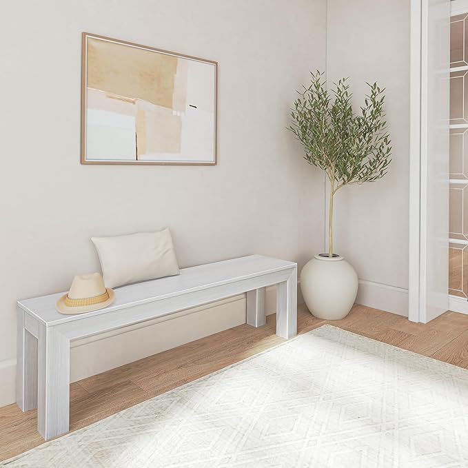 Plank+Beam 60 Inch Dining Bench for Dining Room & Kitchen, Wooden Outdoor & Entryway Bench, White Wirebrush