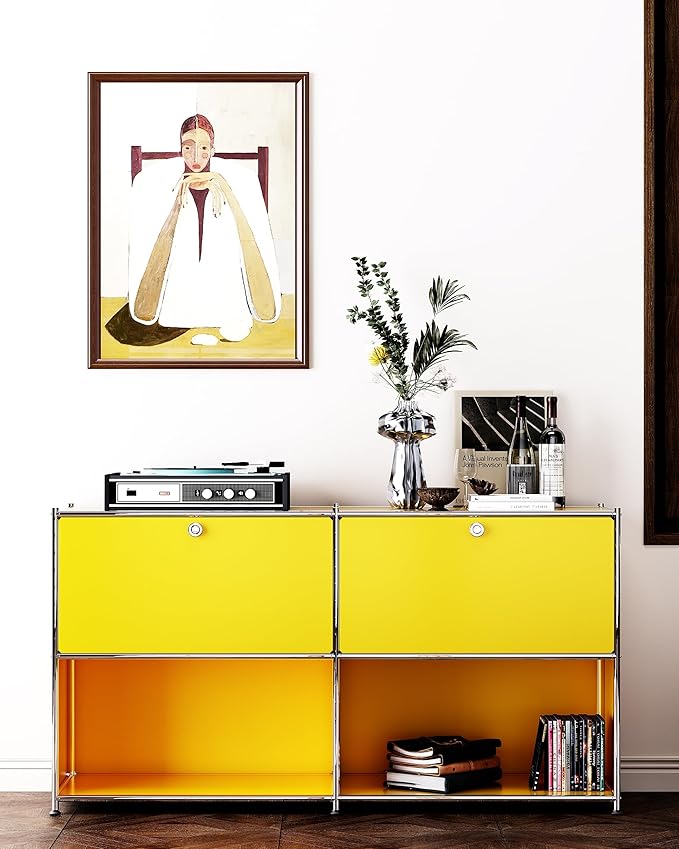 Metal Sideboard with 2 Flap Doors, DIY Modern Home Furnishing,Perfect for Home, Office, Kitchen, Hallway,Foyer Organization(Matt Yellow)
