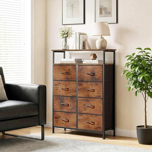 8 Drawers Dresser with Open Shelf, 46" Tall Storage Organizer Chest of Drawer with Wooden Top, Sturdy Metal Frame for Bedroom, Hallway, Living Room, Brown