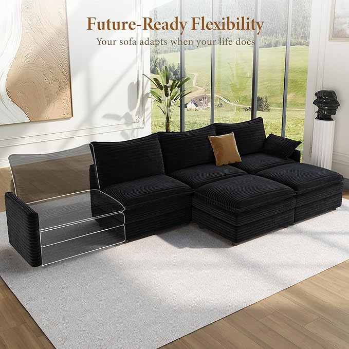 Vesgantti 108" U Shaped Sectional Couch, Comfy Cloud Modular Sectional Sofa with 2 Ottoman Deep Seat Corduroy Modern Cloud Sofa, Modular Sofas for Living Room, Bedroom and Apartment, Black | Sink-in Comfort, Height Adjustable, Easy Rearrangement, Extra...