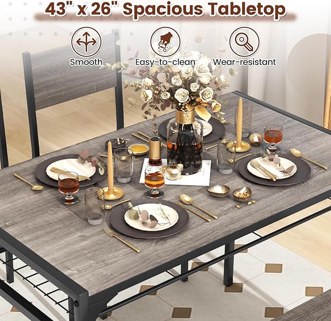 COSTWAY 4 Pieces Dining Table Set, Kitchen Table and 2 Chairs for 4 with Bench, Storage Racks, Metal Frame & Space-saving Design, Industrial Kitchen Table Set for Small Space, Apartment (Black & Grey)