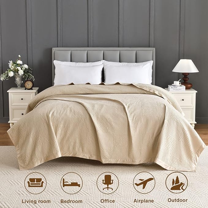 meadow park Cotton Waffle Blanket with Cotton Sateen Binding - Twin Size - Lightweight and Breathable - Washed Waffle Throw - Taupe Color.