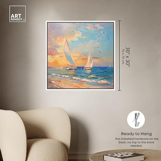 Art Remedy Sailboats In The Sunset Framed Sailing 1 Piece Canvas Wall Art, 31" x 31", White Frame