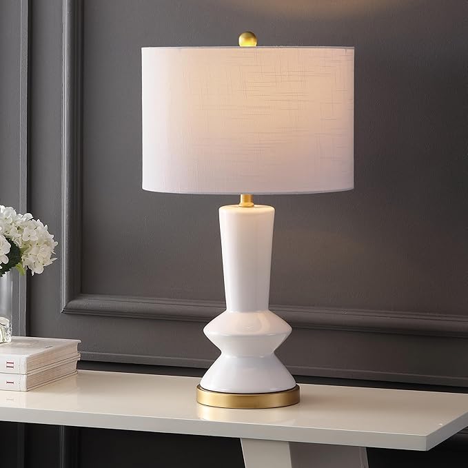 JONATHAN Y 27" White/Gold Modern Ceramic Table Lamp for Bedroom Living Room, with White Linen Shade, Glam Geometric Bedside Nightstand Lamp, LED Bulb Included JYL6607A