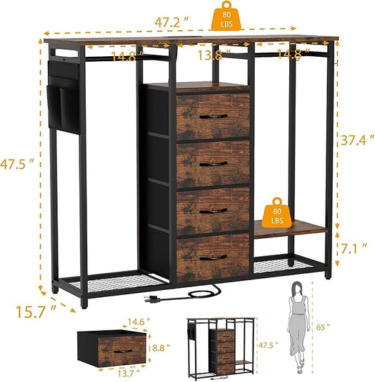 Dresser for Bedroom with 2 Hanging Racks, 4 Drawer Storage Unit with Led Light and Charging Station, Brown Dresser with Clothes Rack, Bedroom Organization with Side Pocket and Hooks, Brown