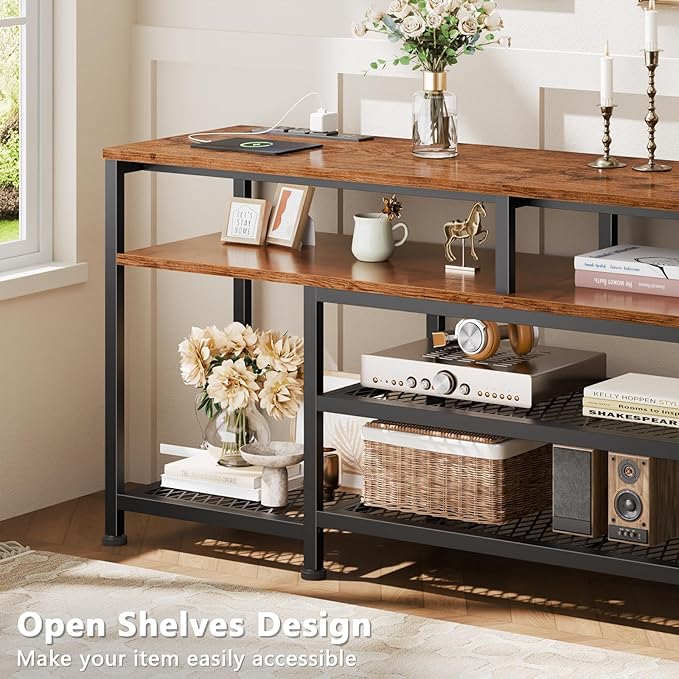Furologee TV Stand with Power Outlets and LED Lights, 55 Inch Entertainment Center for 55 60 Inch TVs, Media Console Table with Open Shelves, for Bedroom, Living Room, Rustic Brown