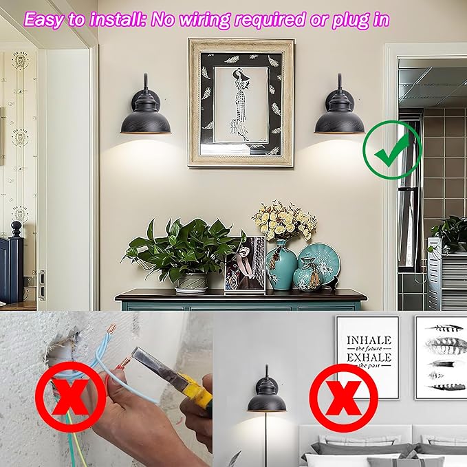 Industrial Battery Operated Wall Sconces Set of Two Wall Light Fixture with Remote, Indoor Not Hardwired Wall Mount Lamp for Bedroom Bathroom Vanity Light, Easy to Install, Batteries Included