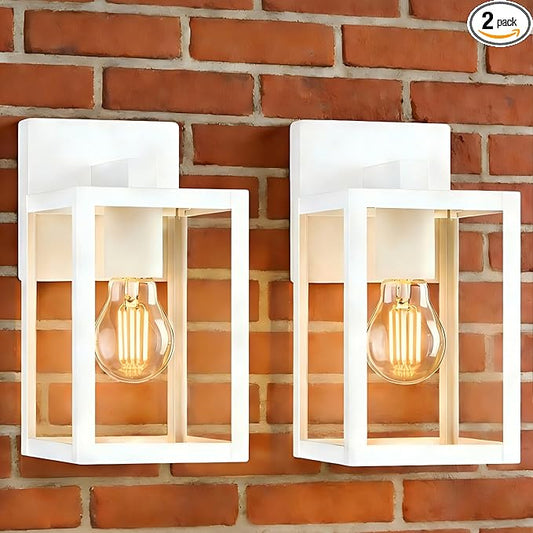 2 Pack Small Porch Sconce Lights-White 9 Inch Outdoor Wall Lantern Light Exterior Sconce Metal and Glass White Outside Wall Light for Hallway Entrance Garage Balcony