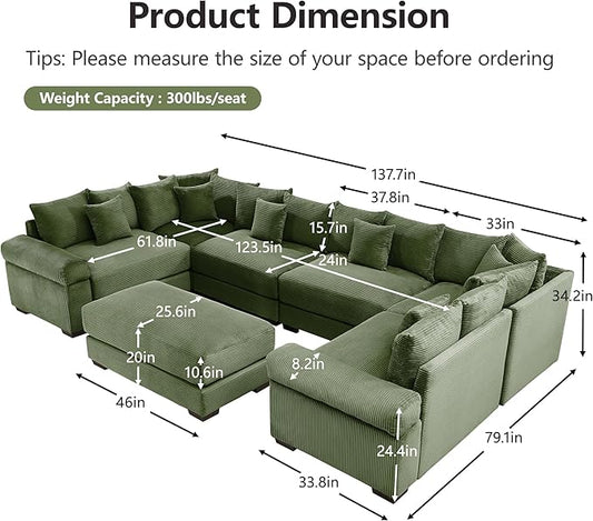 KEIKI 138" U-Shaped Oversized Corduroy Modular Cloud Sectional Sofa with 1 Ottoman, High-Density Foam Cushion, Extra-Thick Armrest, 6-Seater Fluffy Corner Couch with 20 Pillow, for Living Room, Green