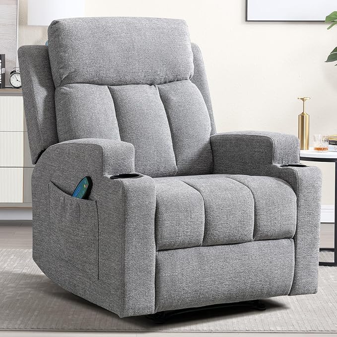 CANMOV Manual Recliner Chair with Massage and Heat,Comfy Recliner Chair Sofa with Overstuffed Arms and Back, Manual Reclining Single Sofa with 2 Cup Holders, Side Pocket for Living Room,Grey