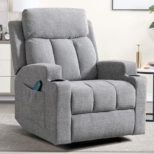 CANMOV Manual Recliner Chair with Massage and Heat,Comfy Recliner Chair Sofa with Overstuffed Arms and Back, Manual Reclining Single Sofa with 2 Cup Holders, Side Pocket for Living Room,Grey