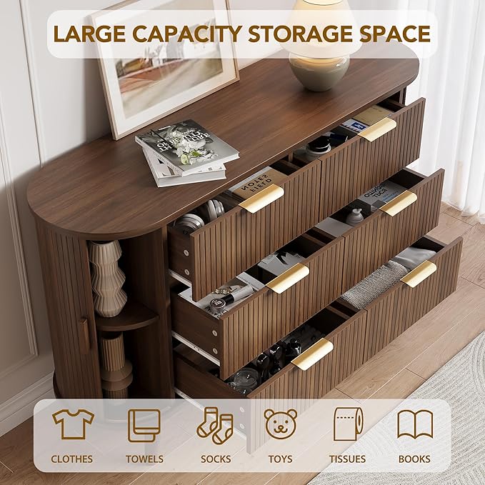 Fluted 6 Drawers Dresser, 55'' Wide Mid Century Modern Chest of Drawers with Sliding Door & Metal Handles, Curved Profile & Sturdy Legs, Wood TV Stand for Bedroom, Living Room (Walnut)
