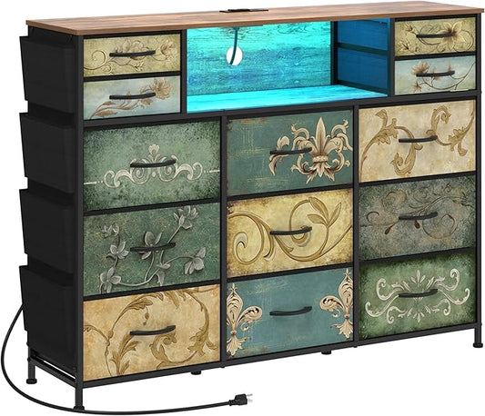 Tohomeor Retro Dresser with Charging Station & LED Light with Boho Fabric Drawers for Bedroom Chest of Drawers TV Stand with Power Outlet Open Shelf Storage (13 Drawers)