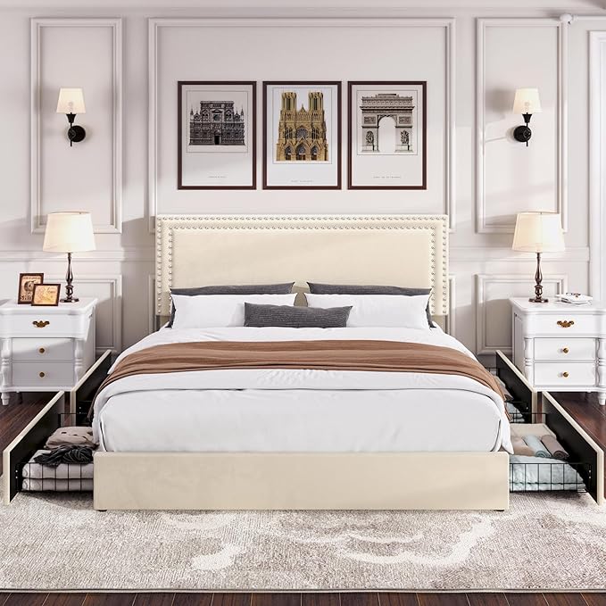 VECELO King Size Upholstered Platform Bed Frame with 4 Storage Drawers, Adjustable Velvet Rivet Decor Headboard, Wooden Slats Support, No Box Spring Needed, Easy Assembly