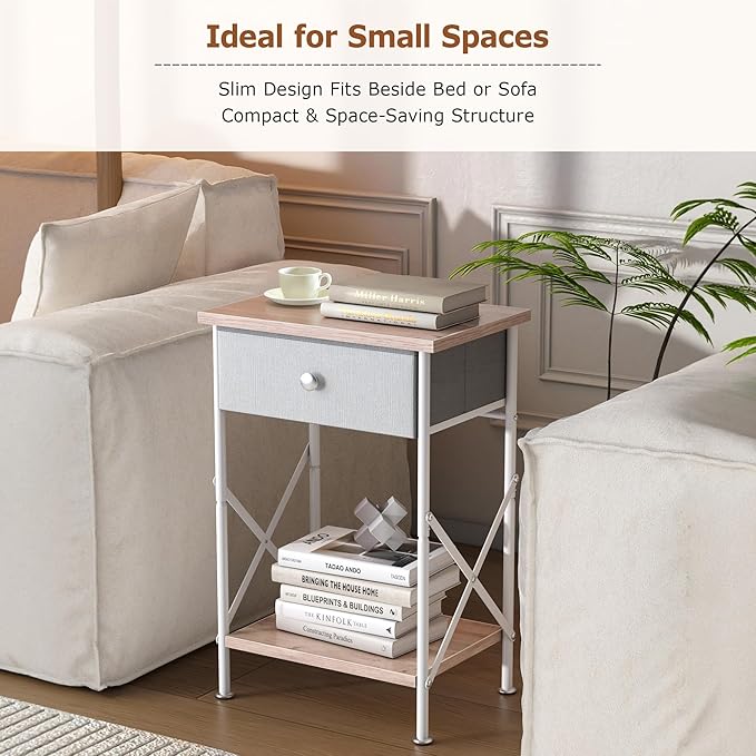 VECELO Night Stand, Small End Table for Small Spaces, Wood Side Table for Living Room, Bedside Table with Drawer for Bedroom, Easy Assembly, Light Brown