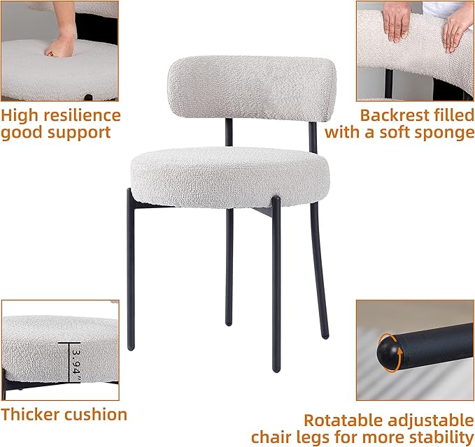 DYHOME Light Grey Boucle Dining Chairs Set of 6, Mid Century Modern Upholstered Kitchen Chairs with Metal Legs, Round Modern Dining Room Chairs