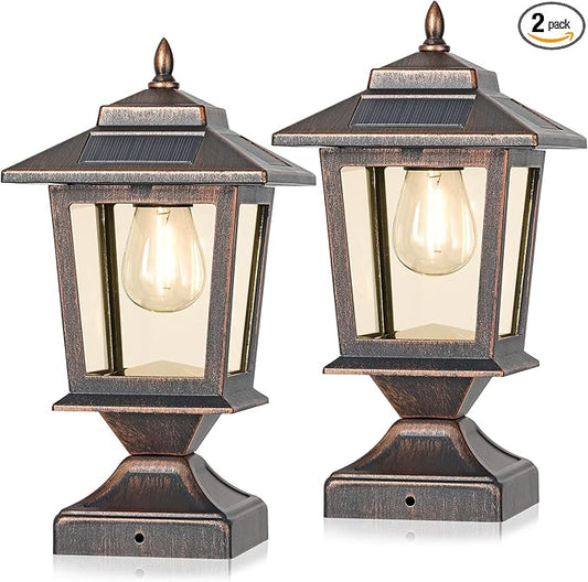 Derynome Solar Post Cap Lights, Waterproof Outdoor Light for 4x4 Wooden Posts, Solar Lights with Glass Shade for Deck Fence Patio Post Decor,Bronze (2 Pack)