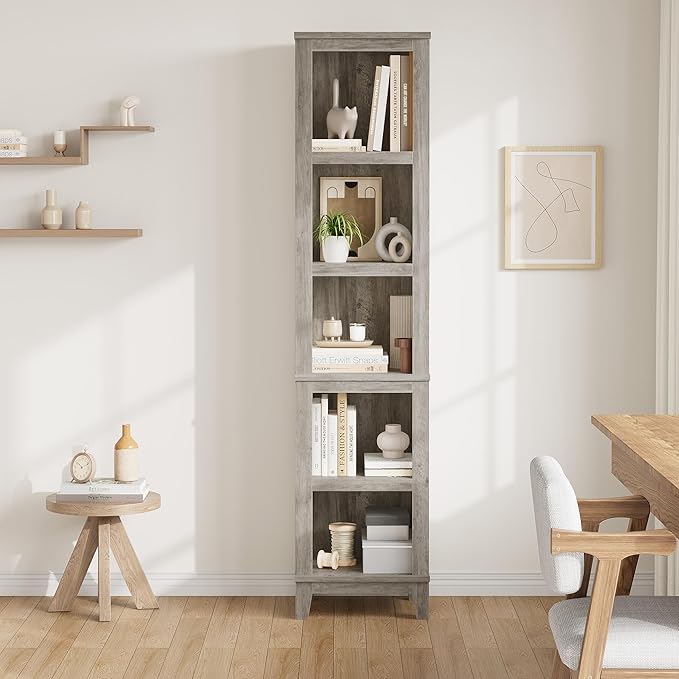 GarveeHome Narrow Bookcase 5 Tier Farmhouse Bookshelf Wooden Bookshelves Rustic Vintage Etagere Oak for Home Office, Living Room, Bed Room, Gray