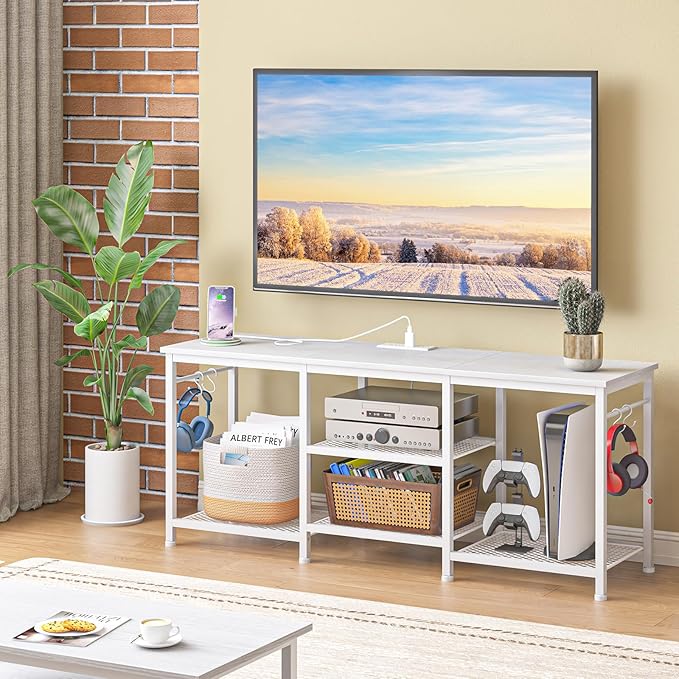 YGEOMER Entertainment Center for 55 inch TVs, TV Stand with Power Outlet and Open Storage Shelves, TV Media Console Table for Living Room and Bedroom, White