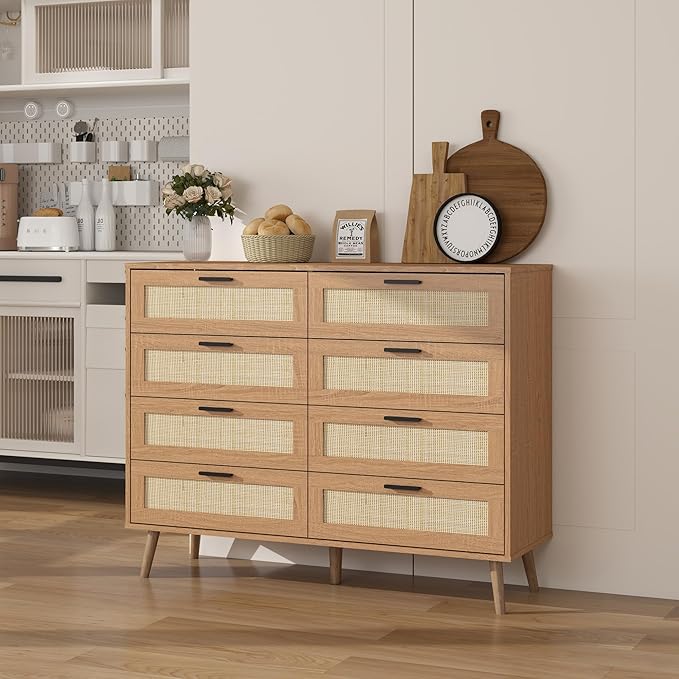 Panana 3/6/8 Drawers Dresser, Wooden Rattan Chest of Drawers with Rattan Front Spacious Storage Chest Bedside Table Nightstand Cabinet for Living Room, Closet, Hallway, Bedroom